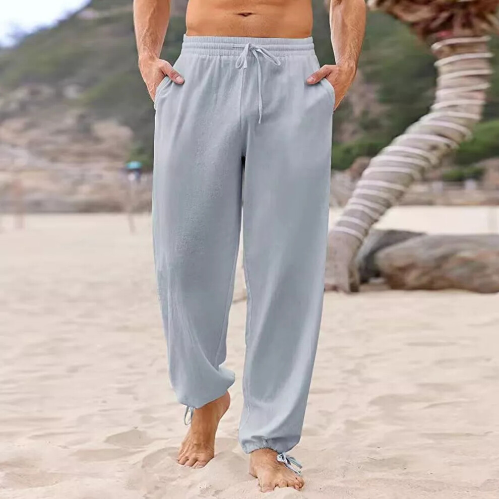 (Light Grey, 2XL = 44) Mens Casual Harem Pants Straight Loose Drawstring Wide Leg Yoga Gym Trousers UK-image-OPC-PDYS7ZH-NEW