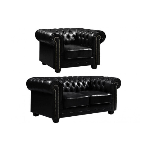 Chesterfield Black Leather Antique 2+1 Seater Sofa Set