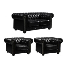 Chesterfield Black Leather Antique 2+1+1 Seater Sofa Set