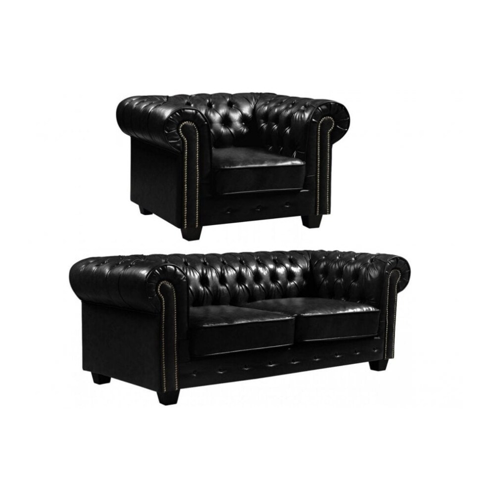 Chesterfield Black Leather Antique 3+1 Seater Sofa Set