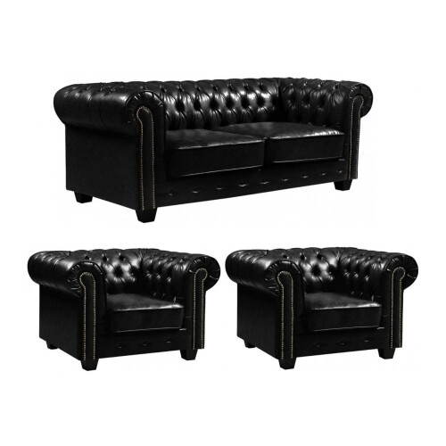 Chesterfield Black Leather Antique 3+1+1 Seater Sofa Set
