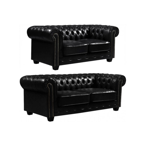 Chesterfield Black Leather Antique 3+2 Seater Sofa Set