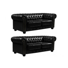 Chesterfield Black Leather Antique 3+3 Seater Sofa Set
