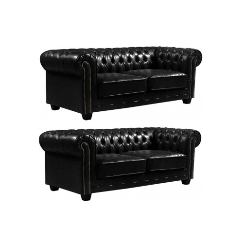 Chesterfield Black Leather Antique 3+3 Seater Sofa Set