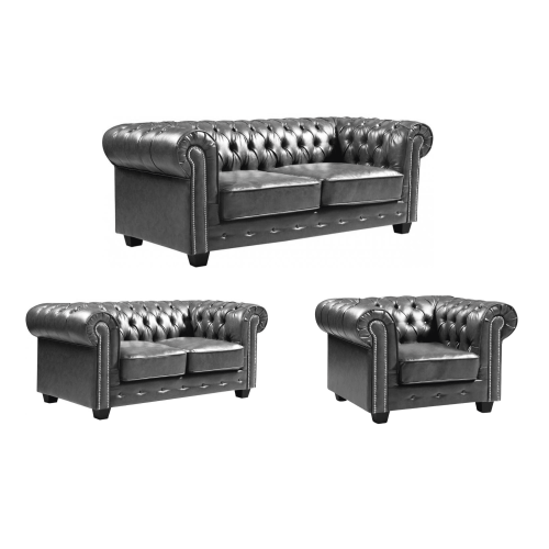 Chesterfield Grey Leather Antique 3+2+1 Seater Sofa Set