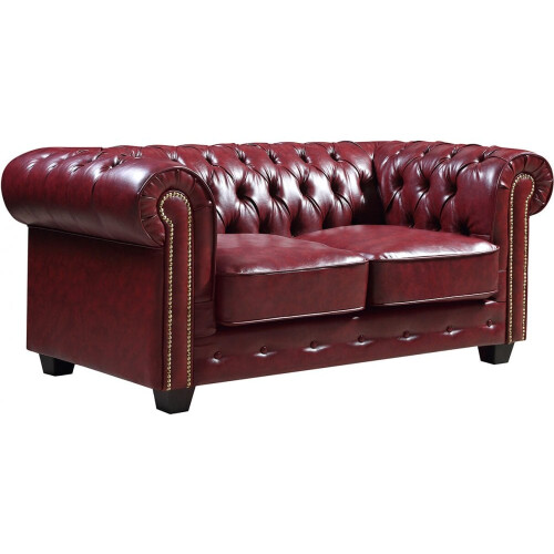 Chesterfield Red Leather 2-Seater Sofa: Bonded Leather, Button-Tufted Back, Antique Classic Design