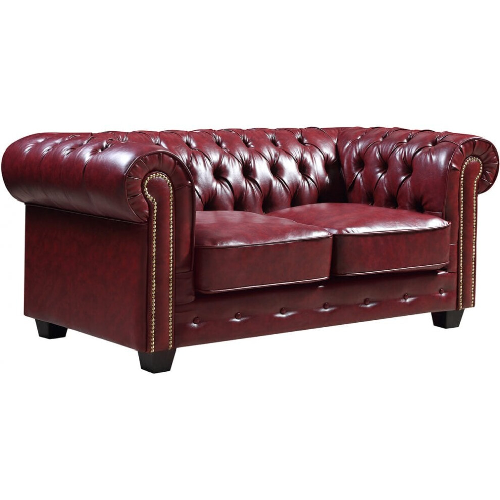 Chesterfield Red Leather Antique 2 Seater Sofa