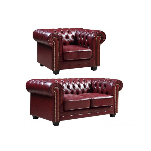 Chesterfield Red Leather Antique 2+1 Seater Sofa Set