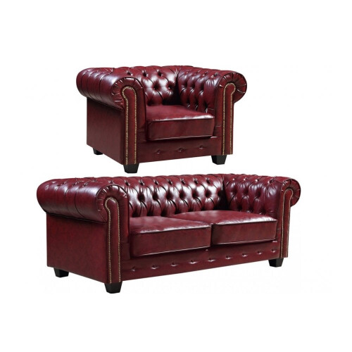 Chesterfield Red Leather Antique 3+1 Seater Sofa Set