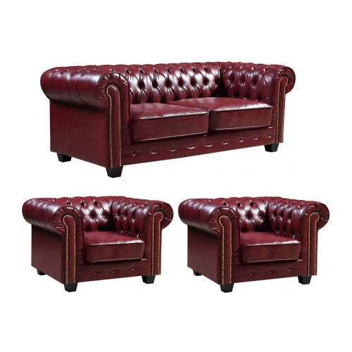Chesterfield Red Leather Antique 3+1+1 Seater Sofa Set