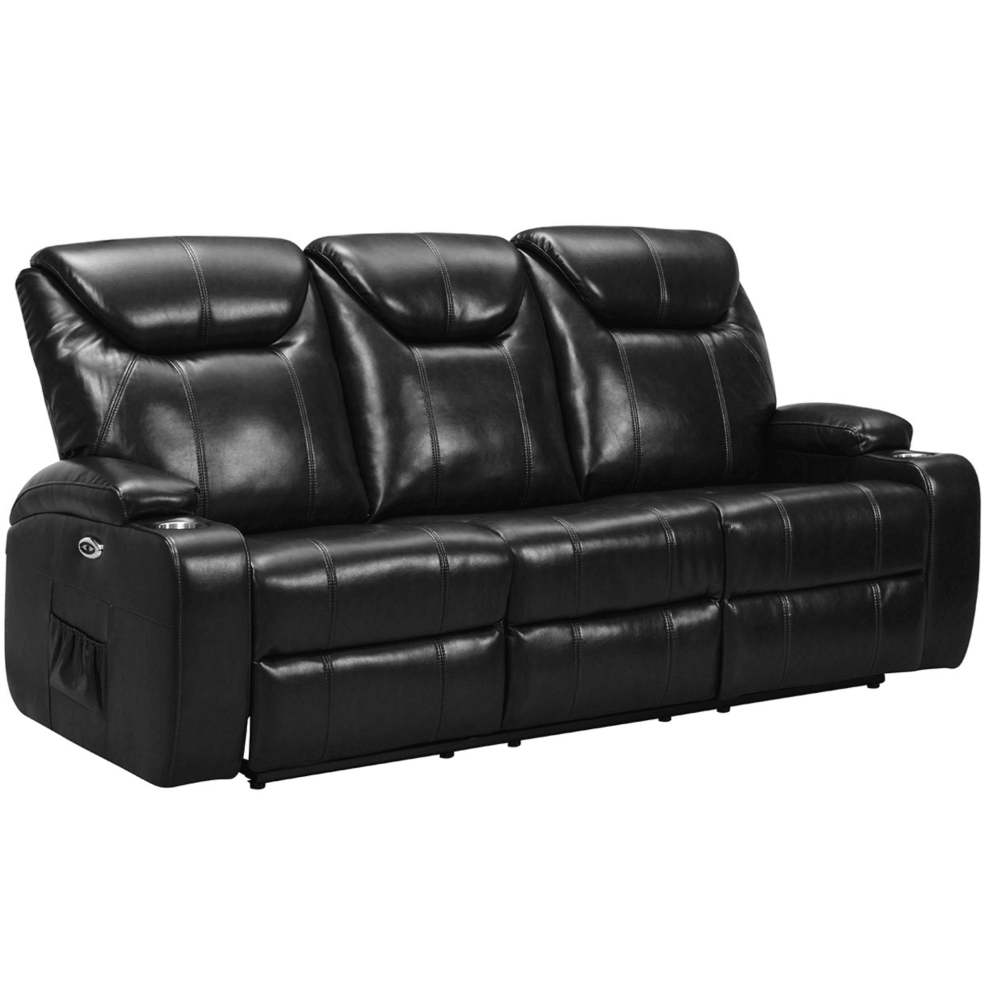 Cinema Black Electric Leather 3 Seater Recliner Sofa With Two Cup Holders