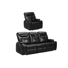 Cinema Black Electric Leather 3+1 Seater Recliner Sofa Set  With Two Cup Holders