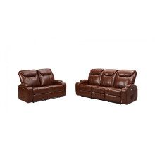Cinema Tan Electric Leather 3+2 Seater Recliner Sofa Set With Two Cup Holders