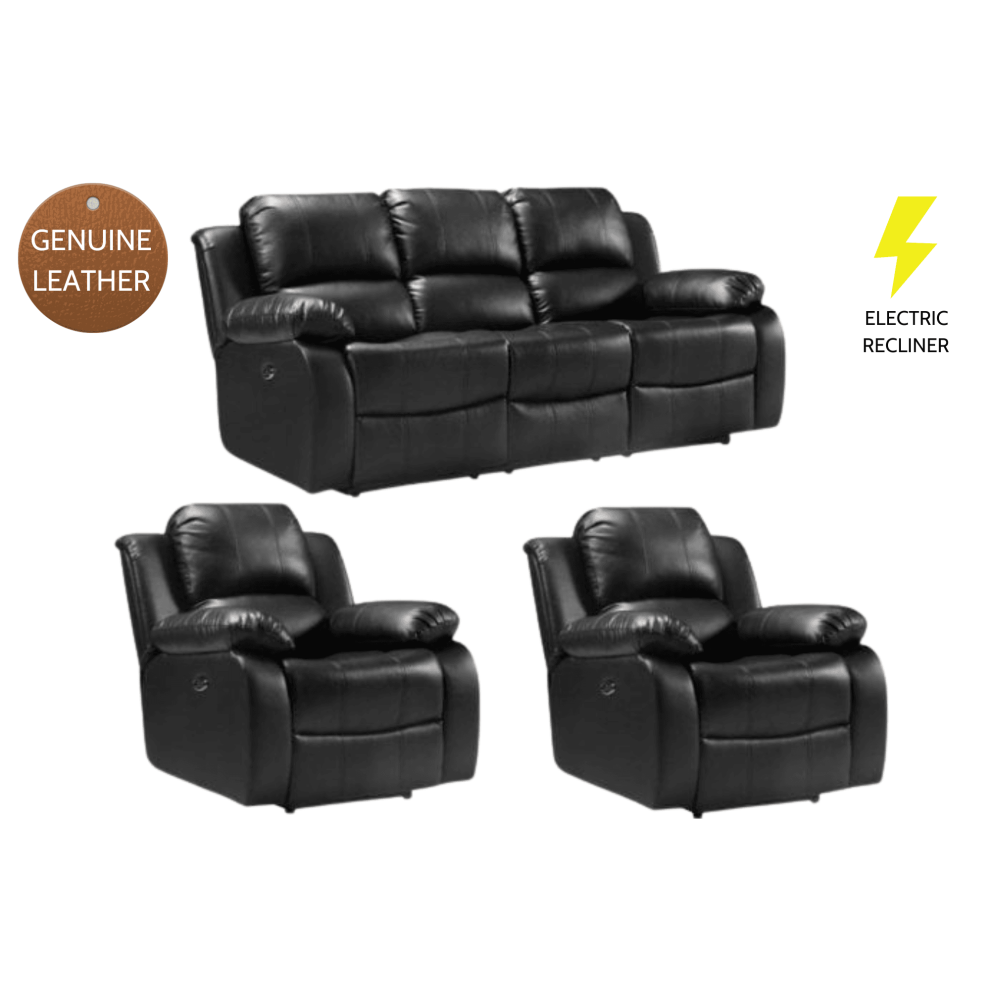 Valencia Genuine Black Leather 3+1+1 Seater Electric Power Recliner Sofa Set