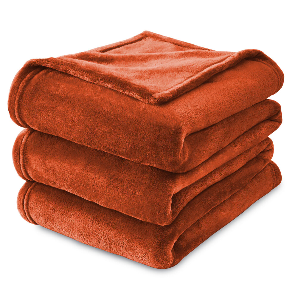 (Rust/Orange Fleece, King) Faux Fur Fleece Blanket Large Sofa Bed Warm Throw