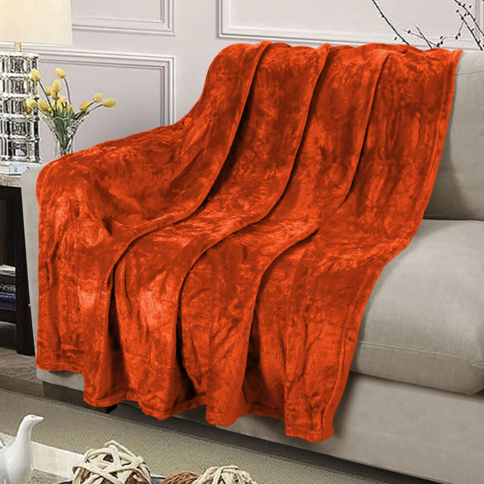 (Rust/Orange Fleece, Super King) Faux Fur Fleece Blanket Large Sofa Bed Warm Throw