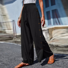 (Black, 2XL = 14) Womens High Waist Harem Pants Palazzo Ladies Loose Side Button Wide Leg Trousers