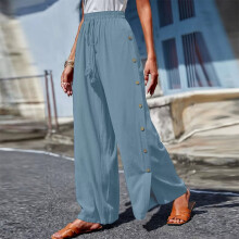 (Blue, L = 10) Womens High Waist Harem Pants Palazzo Ladies Loose Side Button Wide Leg Trousers