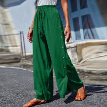 (Dark Green, XL = 12) Womens High Waist Harem Pants Palazzo Ladies Loose Side Button Wide Leg Trousers