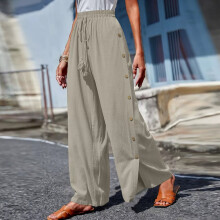 (Light Grey, L = 10) Womens High Waist Harem Pants Palazzo Ladies Loose Side Button Wide Leg Trousers