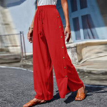 (Red, S = 6) Womens High Waist Harem Pants Palazzo Ladies Loose Side Button Wide Leg Trousers