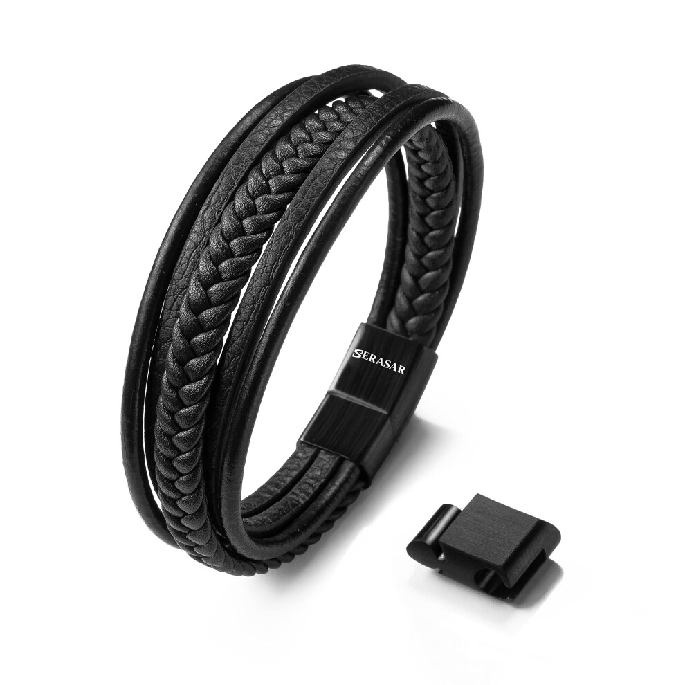 (Black, 19cm) SERASAR|Men's Genuine Leather Bracelet "Braid"