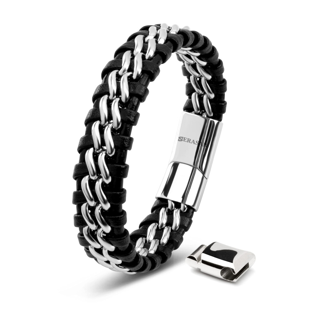 (Silver, 23cm) SERASAR|Leather Bracelet for Men "Steel"