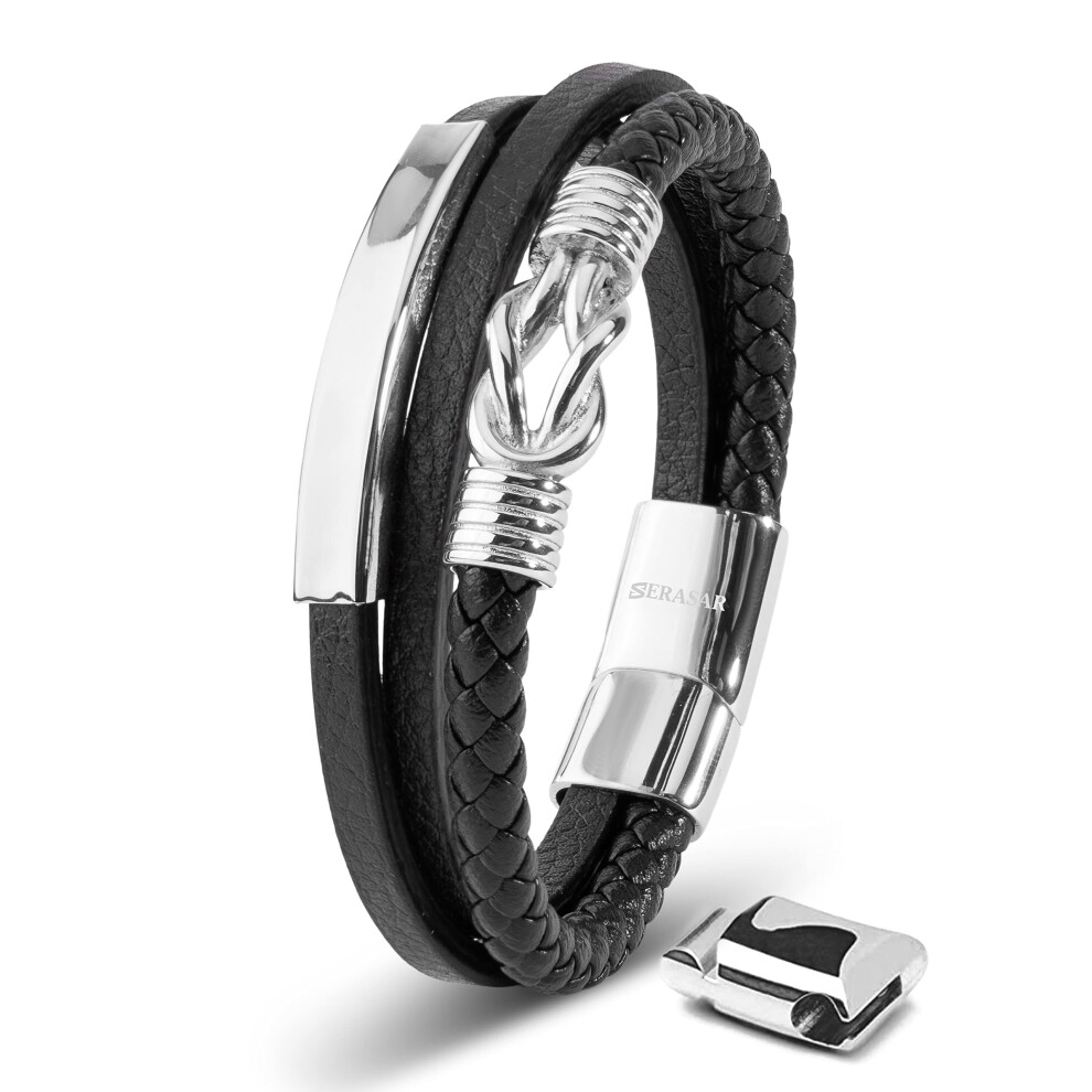 (Silver, 23cm) SERASAR|Men's Leather Bracelet "Proud"with Giftbox