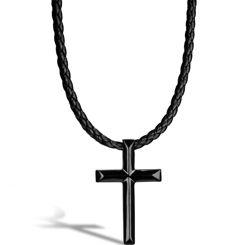 (Black, 60cm) SERASAR|Men's Genuine Leather Necklace "Cross"