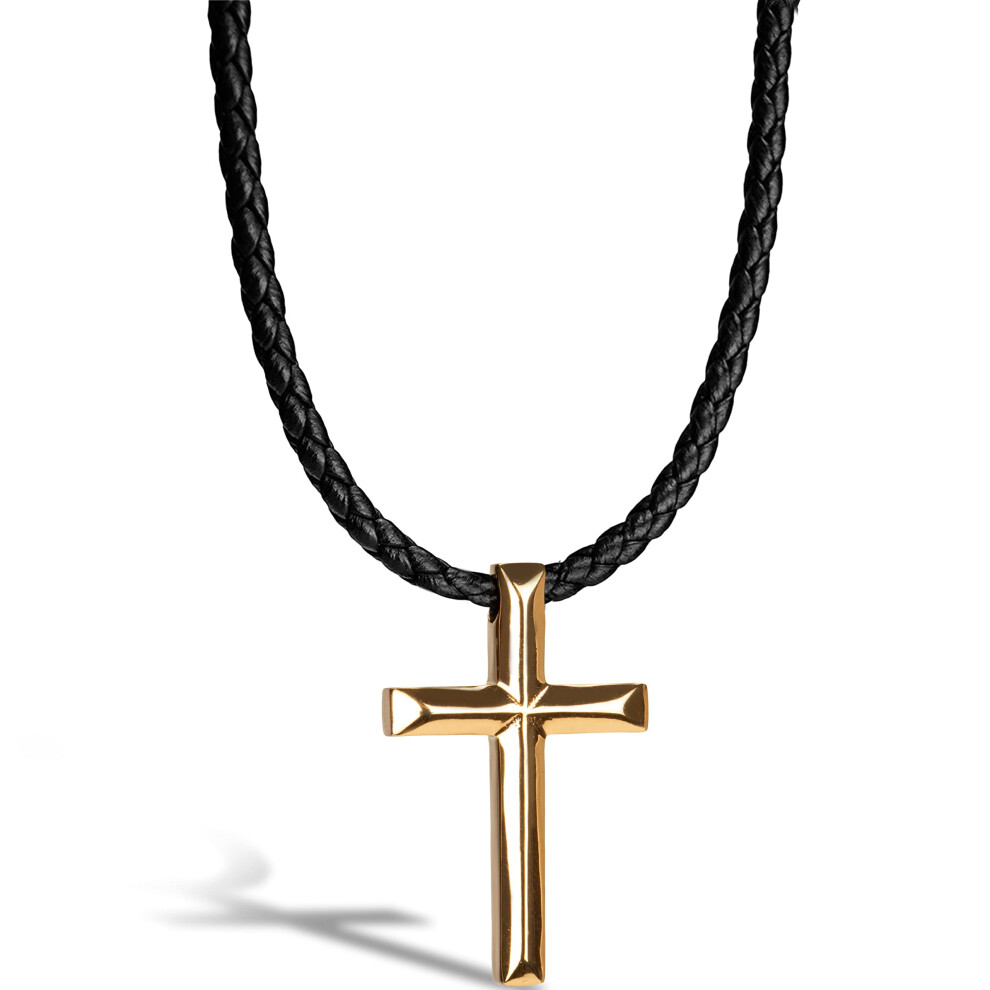 (Gold, 60cm) SERASAR|Men's Genuine Leather Necklace "Cross"