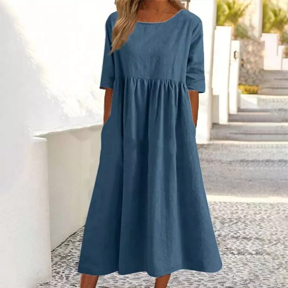 (Blue, 2XL = 14) Womens Summer Cotton Linen Midi Dress Short Sleeve Baggy T Shirt Dress Plus Size-image-OPC-PDYSBJT-NEW