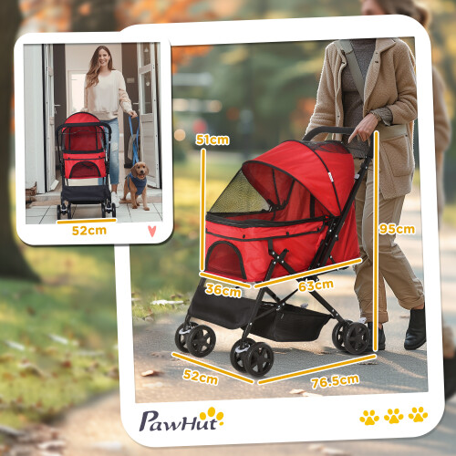 PawHut PawHut Pet Stroller Dog Foldable Travel Carriage with Reversible Handle, Red 1