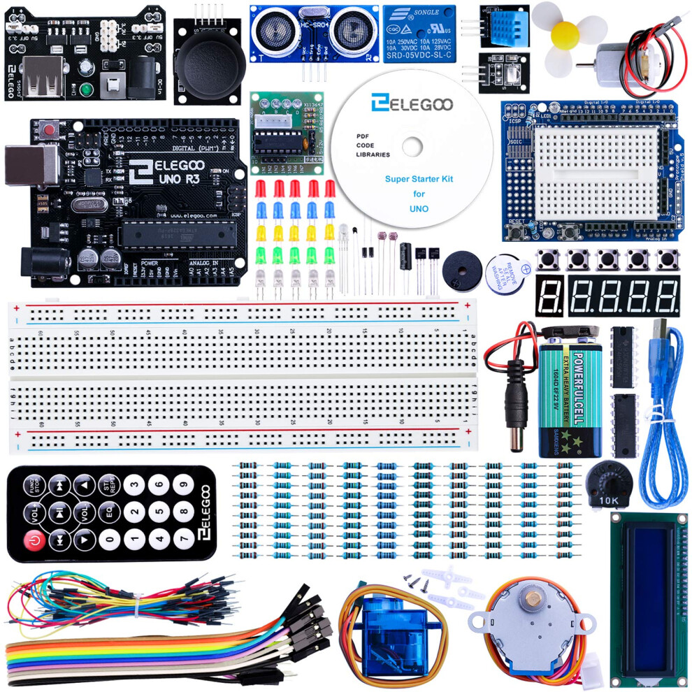 ELEGOO UNO R3 Project Super Starter Kit Compatible with Arduino IDE with Tutorial, 5V Relay, UNO R3 Board, Power Supply Module, Servo Motor, Prototype