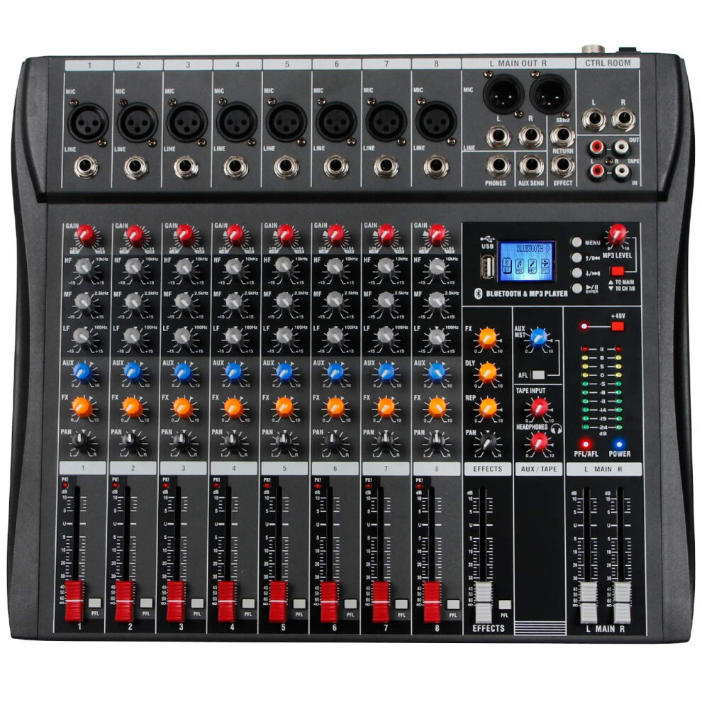 Depusheng DA8 Professional DJ Mixer Sound Board Console 8 Channel Desk System Interface Digital USB MP3 Input 48V Phantom Power Stereo DJ Studio FX St