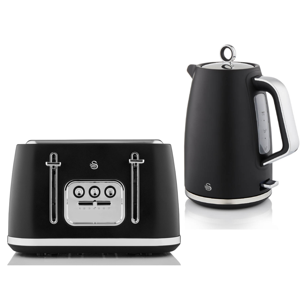 Swan Serenity Kettle & 4 Slice Toaster Set Matt Black Finish & Chrome