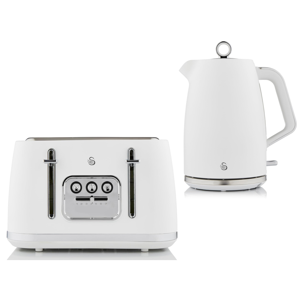 Swan Serenity Kettle & 4 Slice Toaster Set Matt White Finish & Chrome-image-OPC-PDYSFBC-NEW