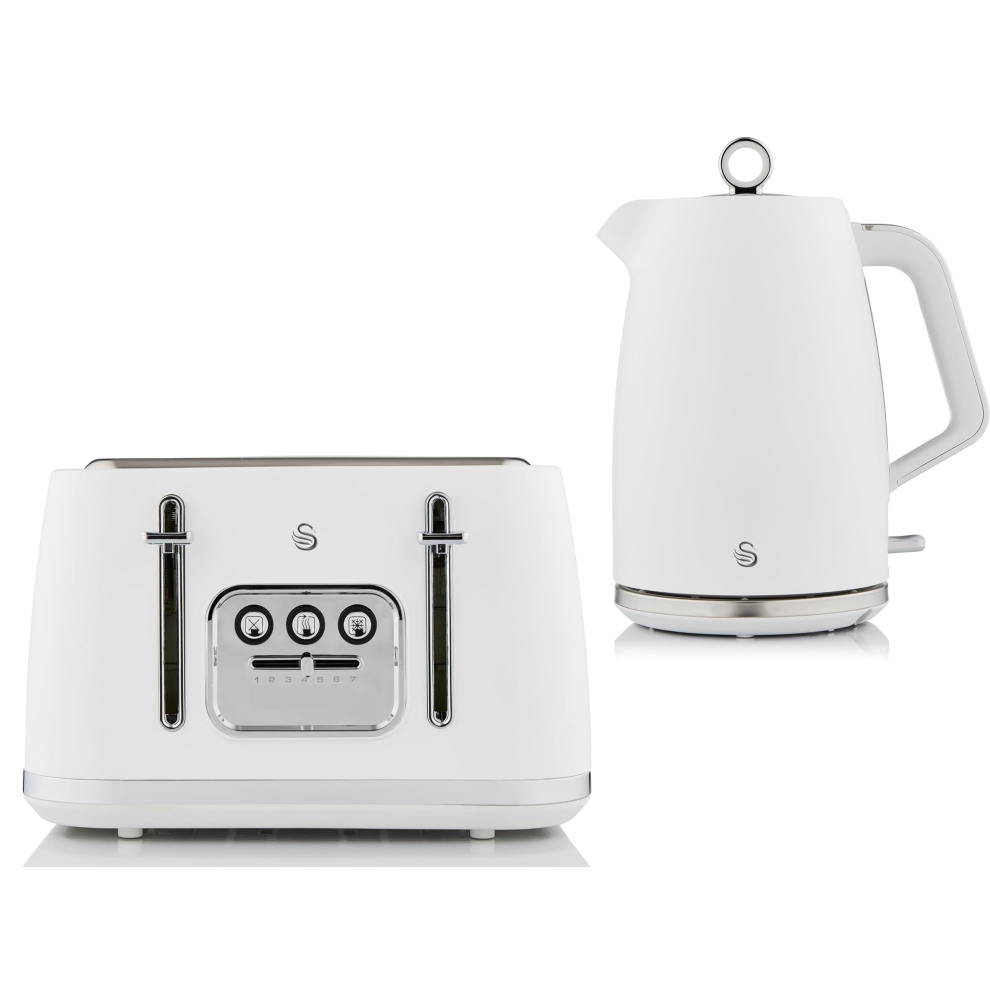 Swan Serenity Kettle & 4 Slice Toaster Set Matt White Finish & Chrome