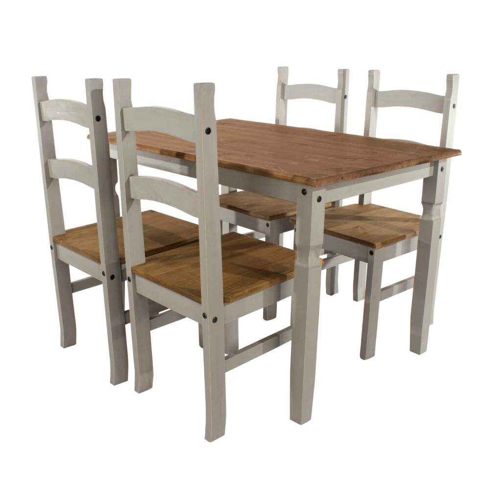 Dining Set With Grey Solid Waxed Pine Large Rectangular Table & 4 Dining Chairs