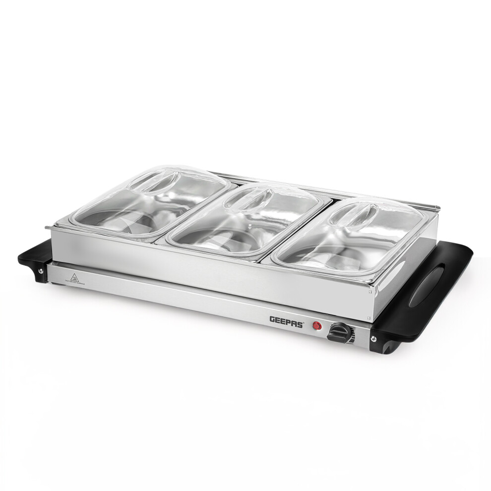 Geepas Unisex Metallic Silver 3 X 2.4L Electirc Food Warmer Stainless Steel Buffet Server 3 Trays With Lids In - Image 2