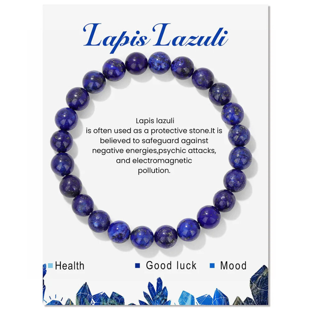 (Lapis lazuli, With card) Unisex natural stone bracelet stretch beaded 8mm blue turquoise agate pink crystal beaded volcanic stone bracelet