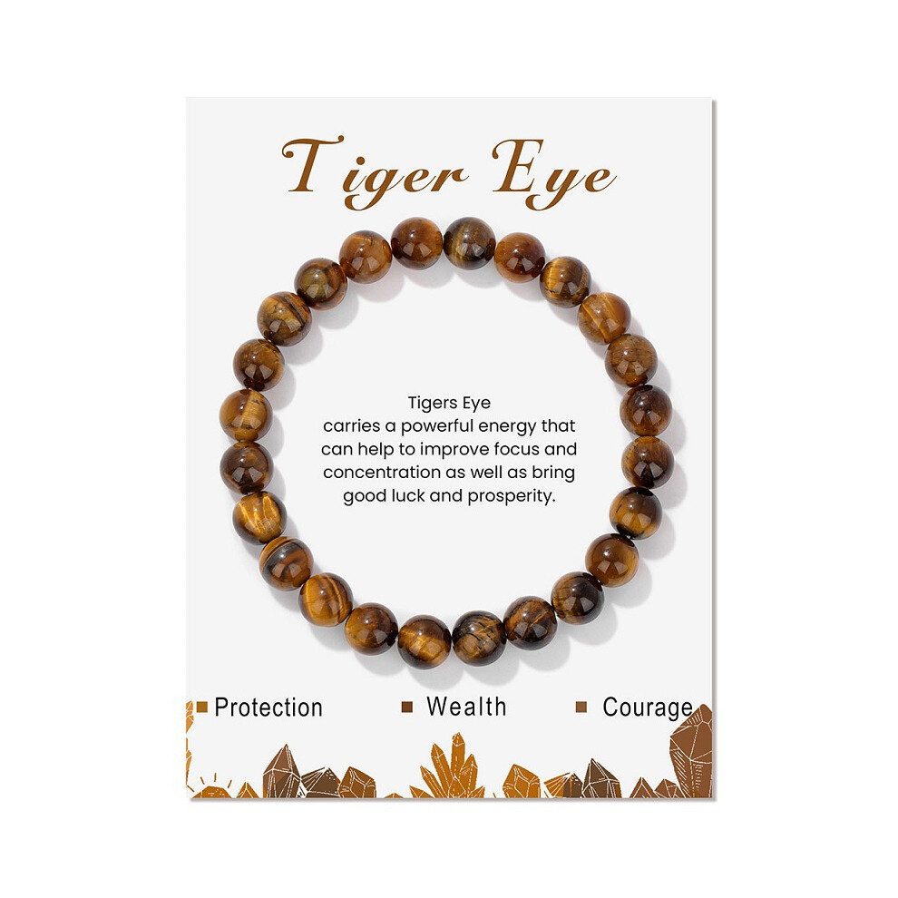 (Tiger eye, With card) Unisex natural stone bracelet stretch beaded 8mm blue turquoise agate pink crystal beaded volcanic stone bracelet