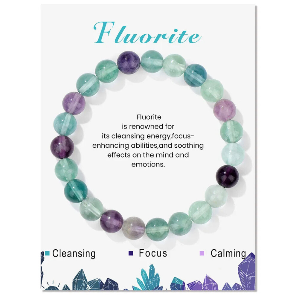 (1 crystal green purple, With card) Unisex natural stone bracelet stretch beaded 8mm blue turquoise agate pink crystal beaded volcanic stone bracelet