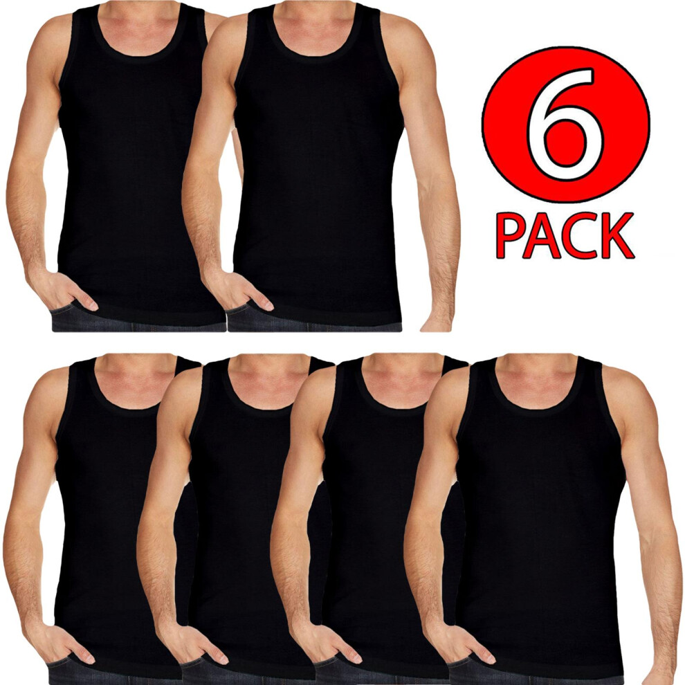 (Black - 6 Pack, 2XL) Mens Vests 100%Cotton Gym Training Tank Top 6 Pack