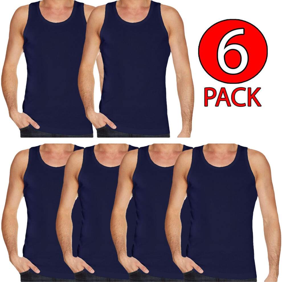 (Navy - 6 Pack, L) Mens Vests 100%Cotton Gym Training Tank Top 6 Pack