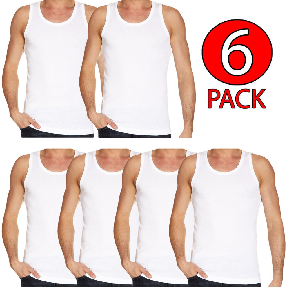 (White - 6 Pack, L) Mens Vests 100%Cotton Gym Training Tank Top 6 Pack