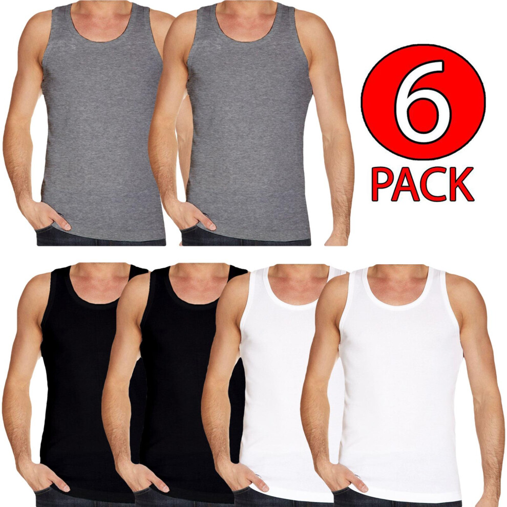 (2X Black 2X White 2X Grey, L) Mens Vests 100%Cotton Gym Training Tank Top 6 Pack