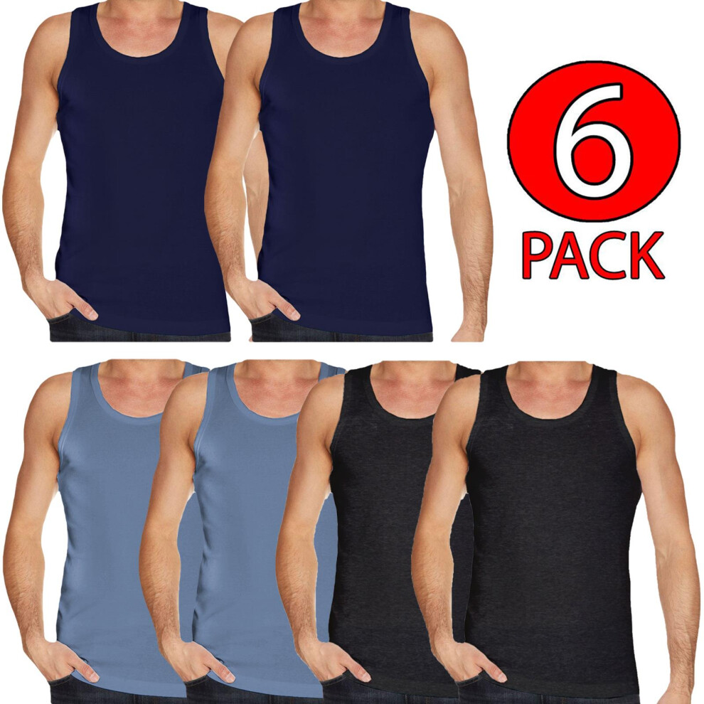 (2X Blue 2X Charcoal 2X Navy, L) Mens Vests 100%Cotton Gym Training Tank Top 6 Pack