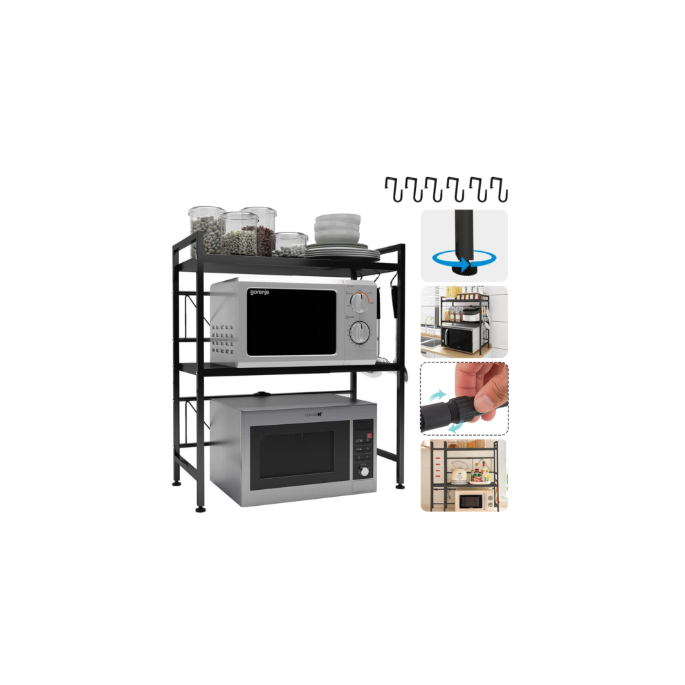 3 Tier Expandable Kitchen Corner Shelf Microwave oven Rack Stand w/ 6 Hooks