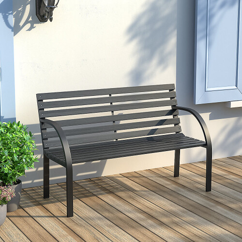 Living And Home 2 Seater Black Retro Slatted Iron Wood Rustproof Garden Bench