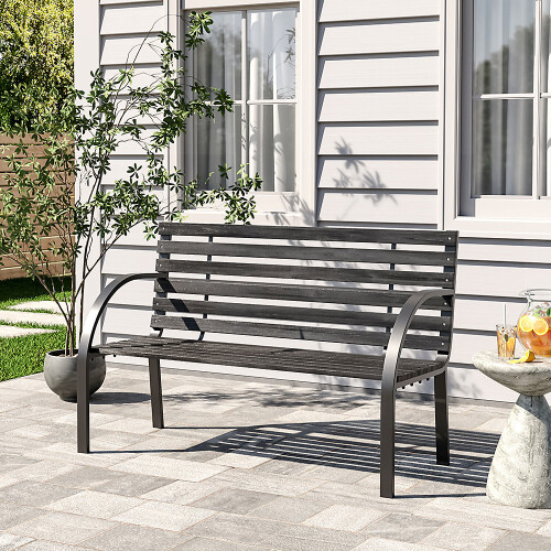 Living And Home 2 Seater Black Retro Slatted Iron Wood Rustproof Garden Bench 1